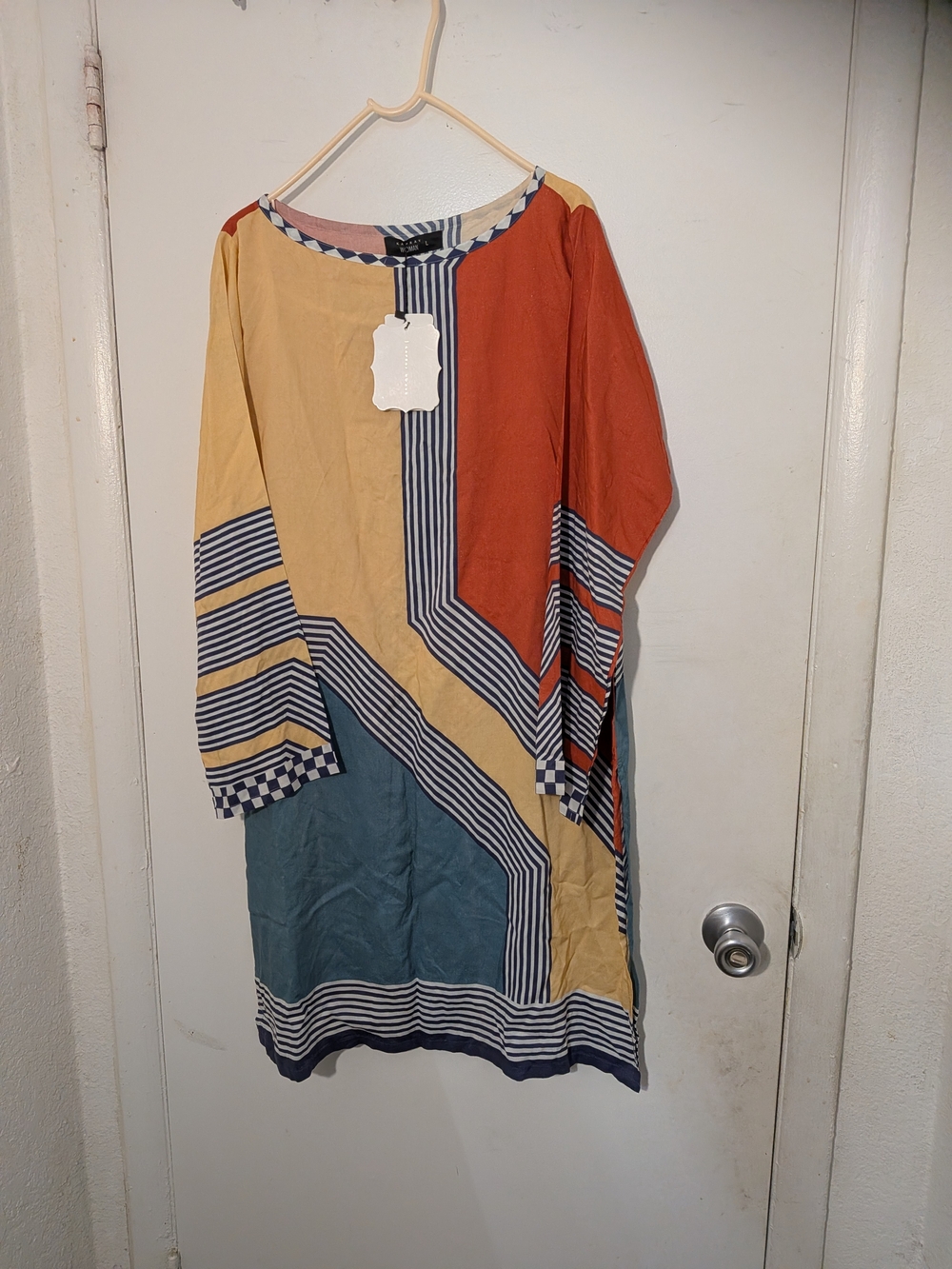 Geometric Colorblock Long-Sleeve Shift Dress in Mustard, Rust & Teal